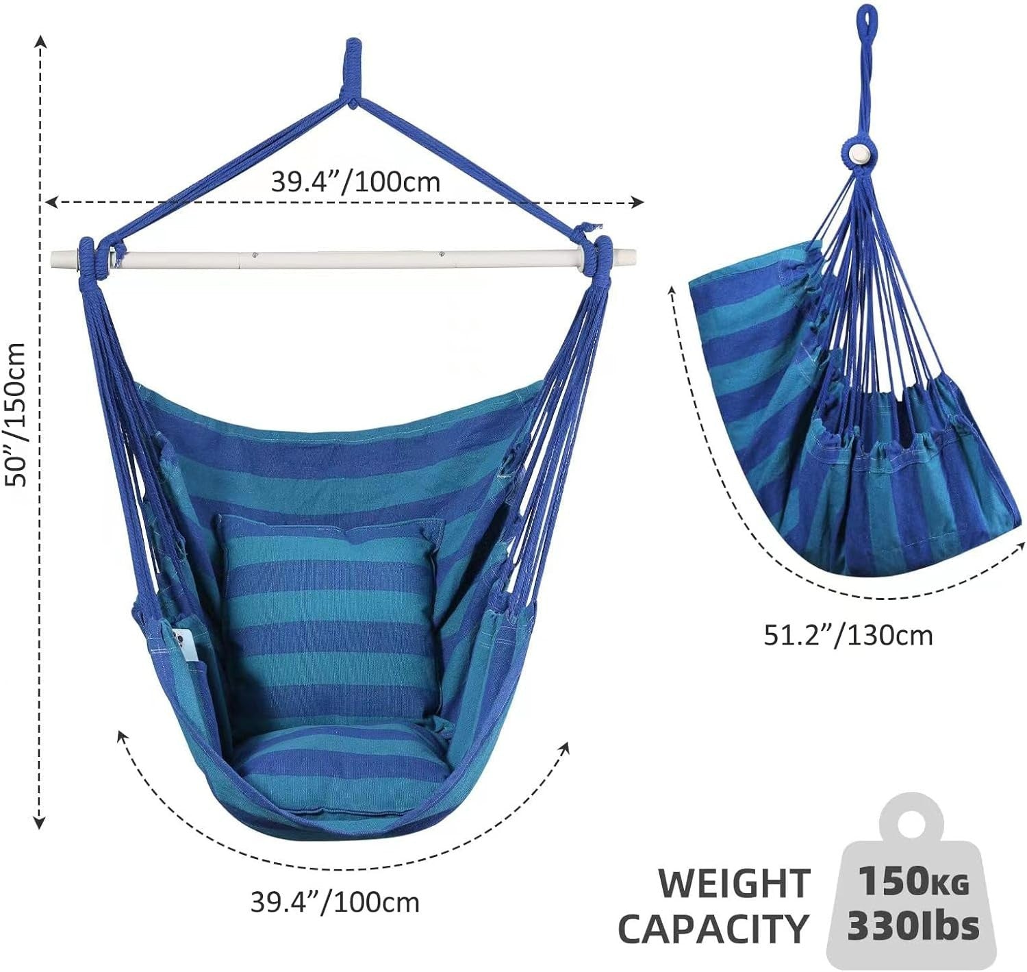 Hammock Chair Swing w/ Cushions, Support Bar & Bag | Indoor Outdoor 150kg