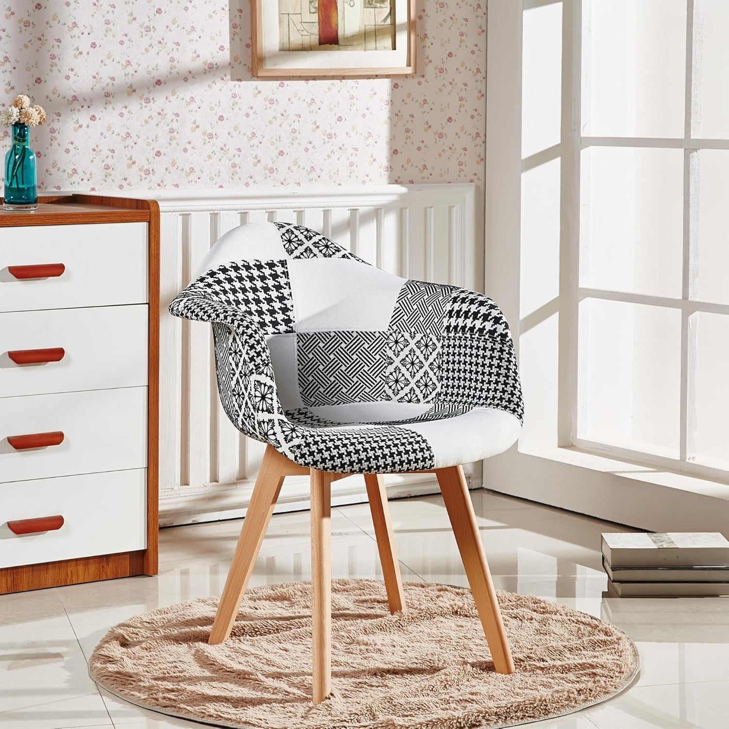 Black White Patchwork Dining Chair with Arms Wood Legs Fabric