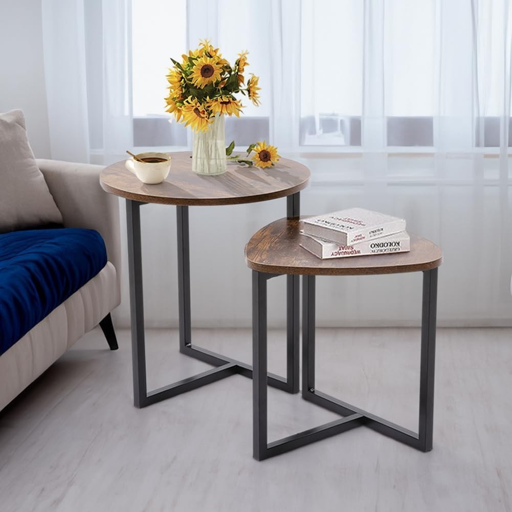 Nesting Coffee Table Set 2 Brown Round Square Side End Sofa Accent Wood Metal