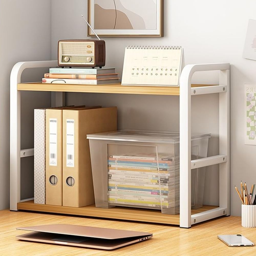 White Desktop Bookshelf 2-Tier Mini Desk Hutch Countertop Storage Stand 50cm
