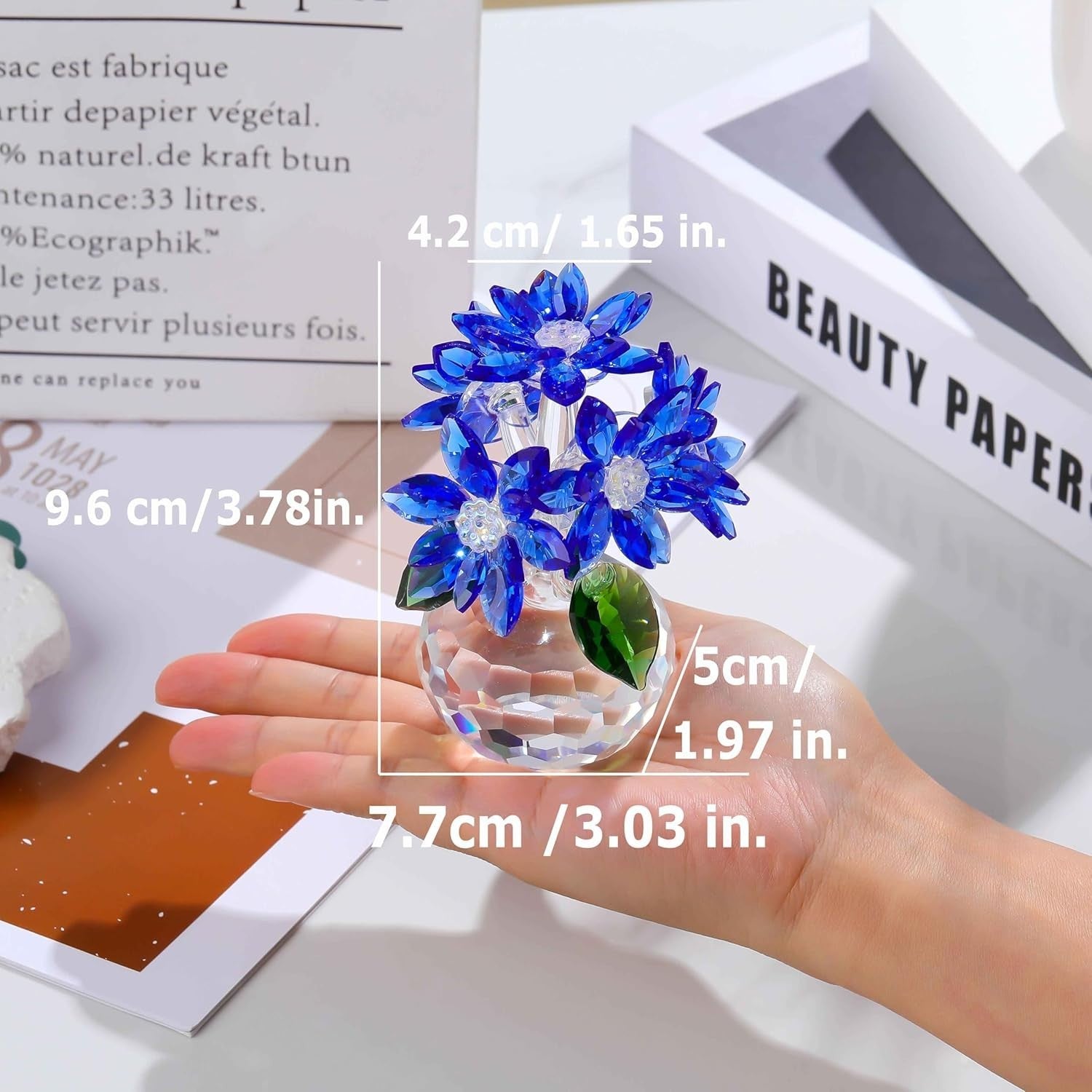 Crystal Sapphire Daisy Bouquet Ornament Blue Glass Flowers Gift Home Decor 10cm