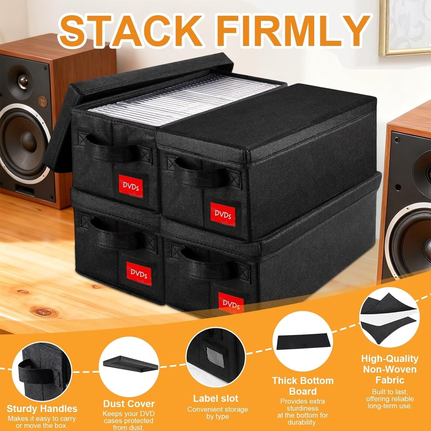 4 Pack DVD Storage Boxes with Lids Stackable Organizer Holds 200 DVDs