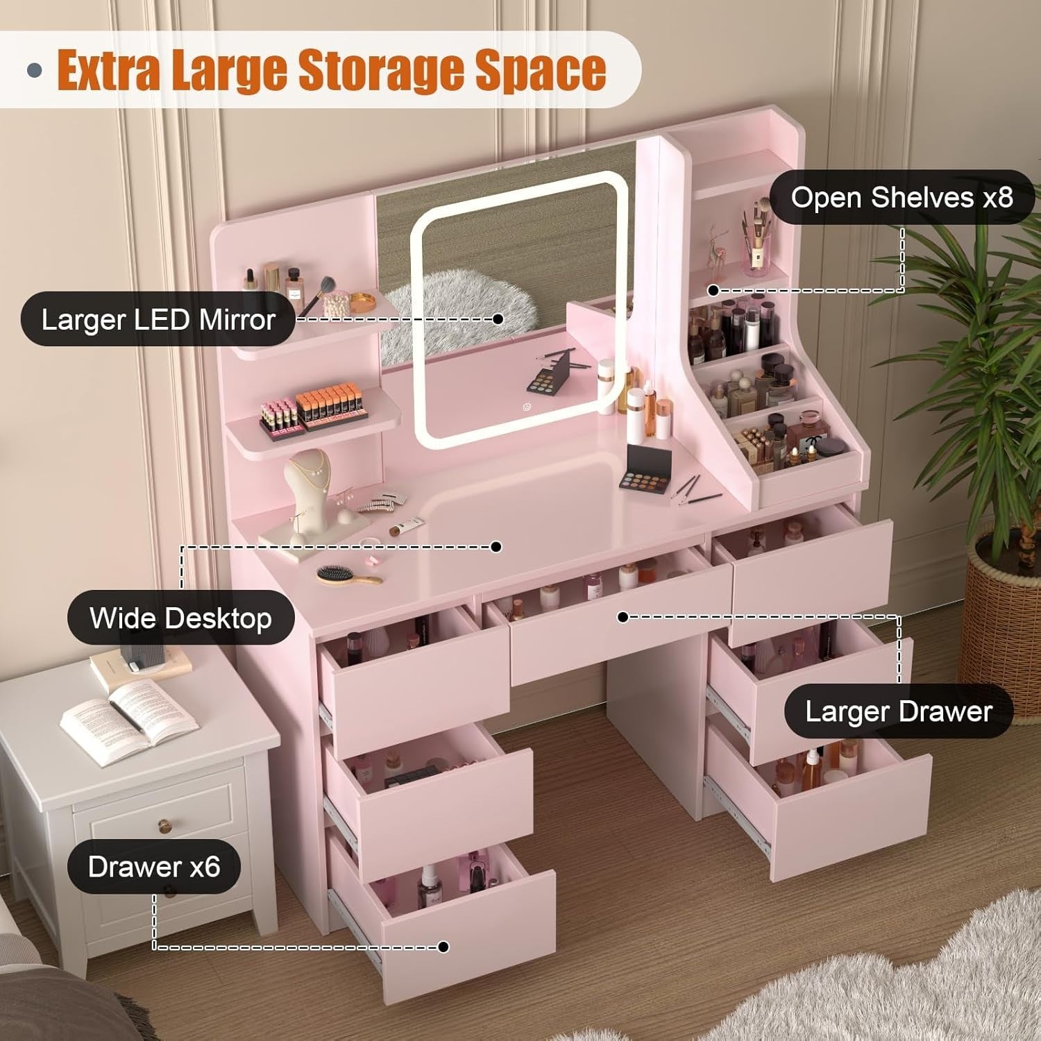 Foldable Small Vanity Desk w/Lighted Mirror Stool 2 Drawers Compact Makeup Table