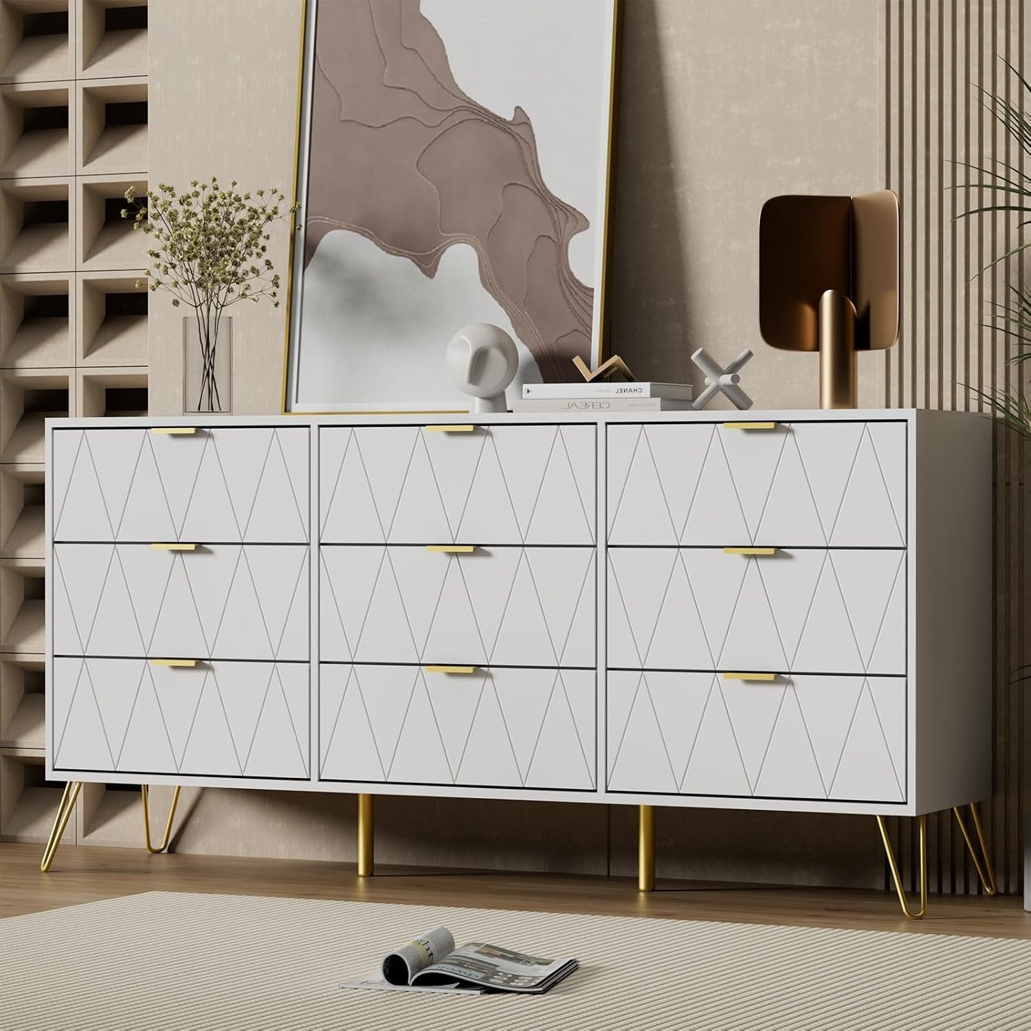 White 9 Drawer Dresser Cabinet Modern Wide Storage Unit for Bedroom Hallway