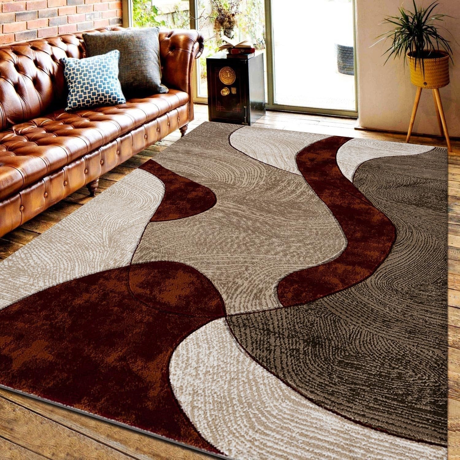 Large Rust Abstract Shaggy Area Rug 160x230cm Thick Soft Living Room Carpet