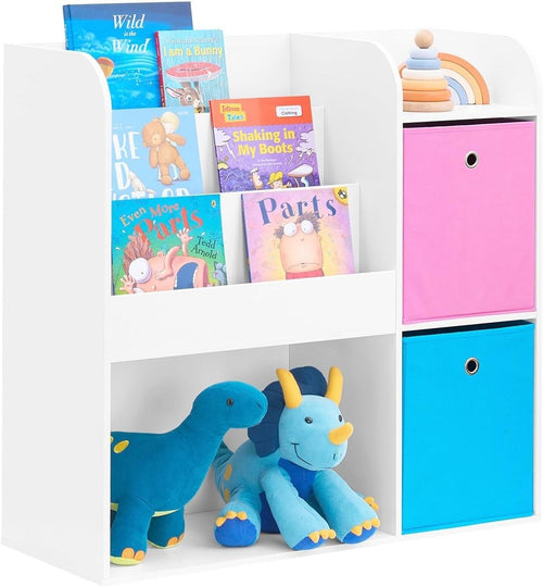 Kids Bookcase with 3 Shelves & 2 Fabric Drawers, Toy Storage Rack Pink Blue