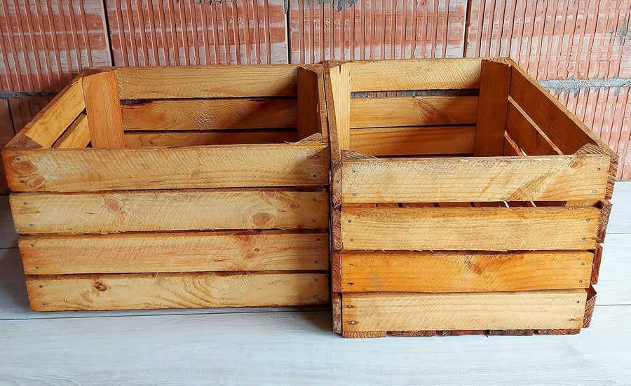 Wooden Storage Crates 50x40x30cm – Rustic Medium Fruit Boxes Set of 2