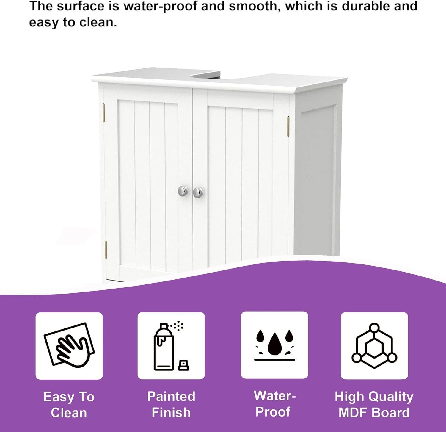 White Under Sink Bathroom Cabinet with Doors & Shelf Storage 60x30x60cm