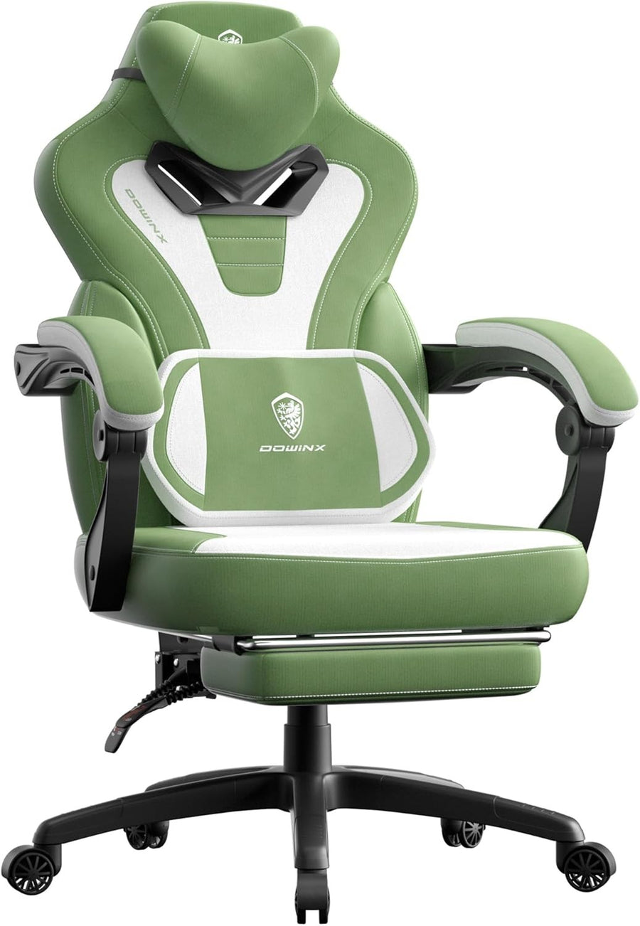 Gaming Chair with Footrest Massage Lumbar Support Fabric Green