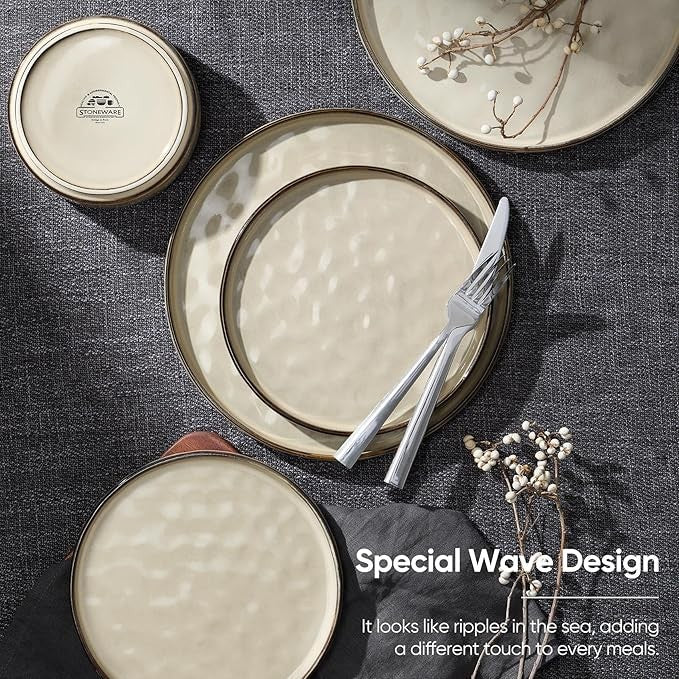 12pc Stoneware Dinner Set Plates Bowls Reactive Glaze Service for 4 Khaki