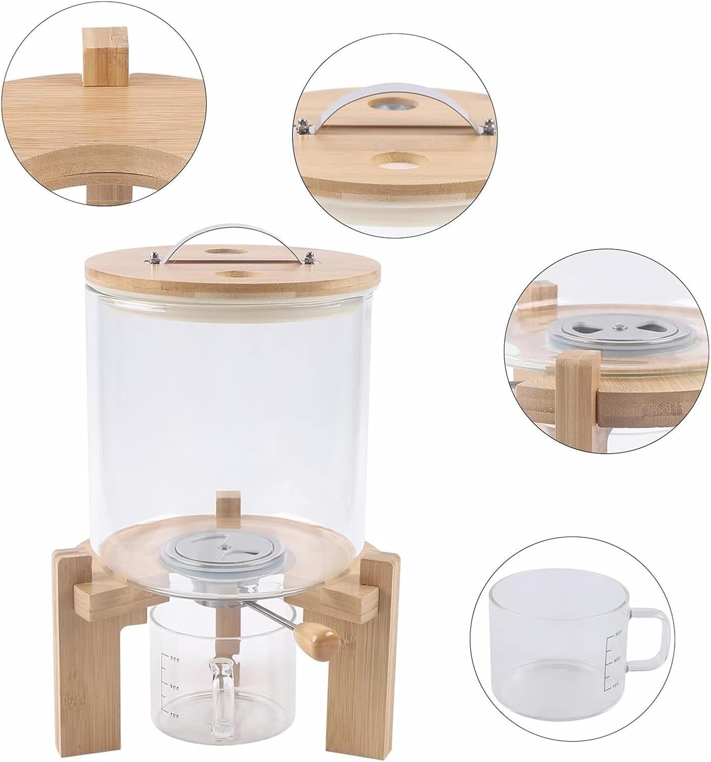 Glass Rice Dispenser 5L Grain Storage Container Wood Stand Airtight