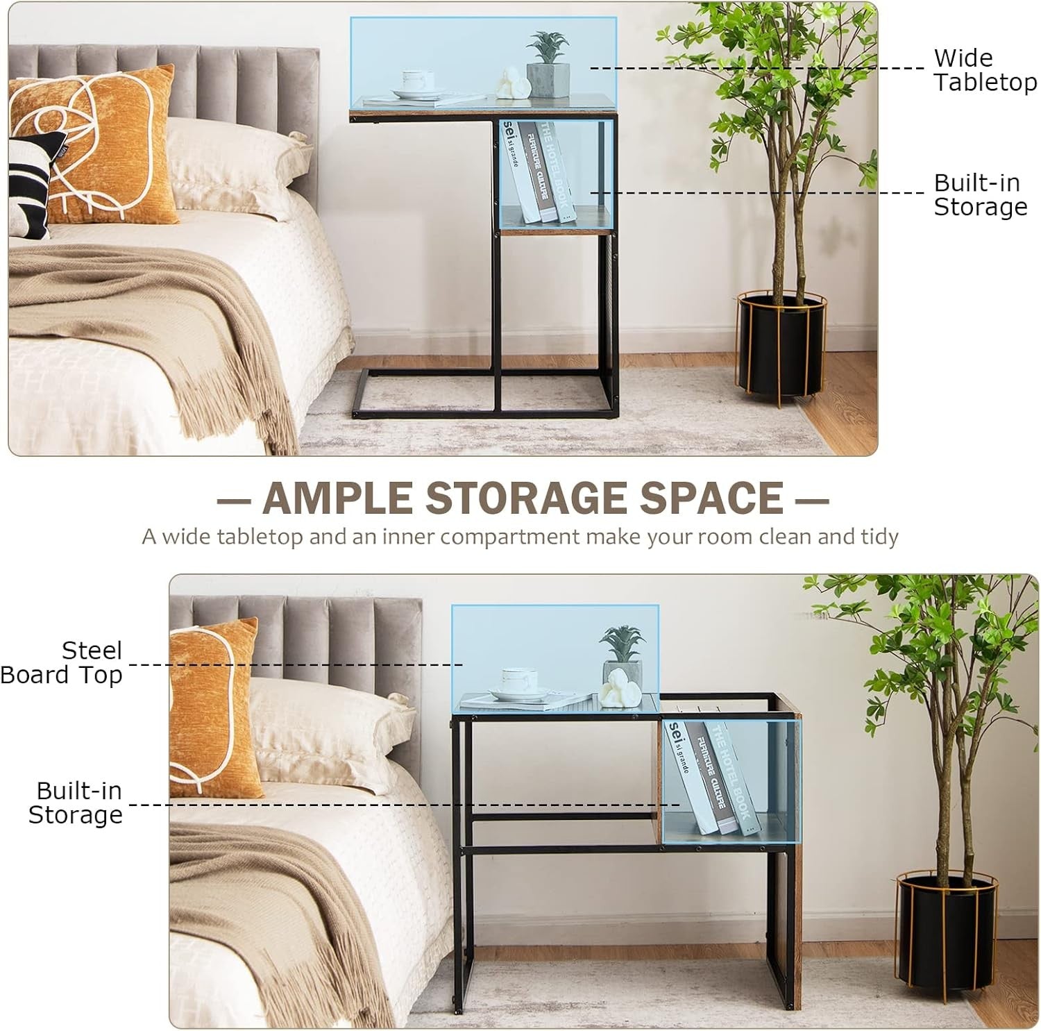 Reversible C-Shaped Industrial Side Table with Storage Shelf – Metal & Wood Beds