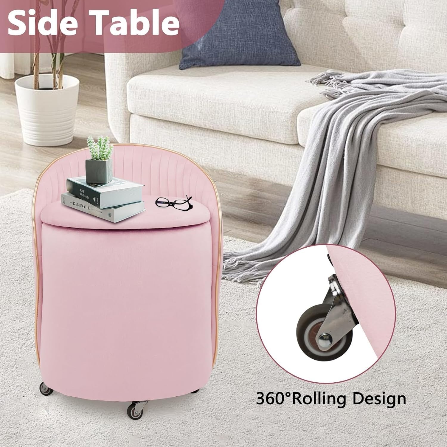Pink Velvet Storage Ottoman Swivel Stool with Backrest & Wheels 37cm