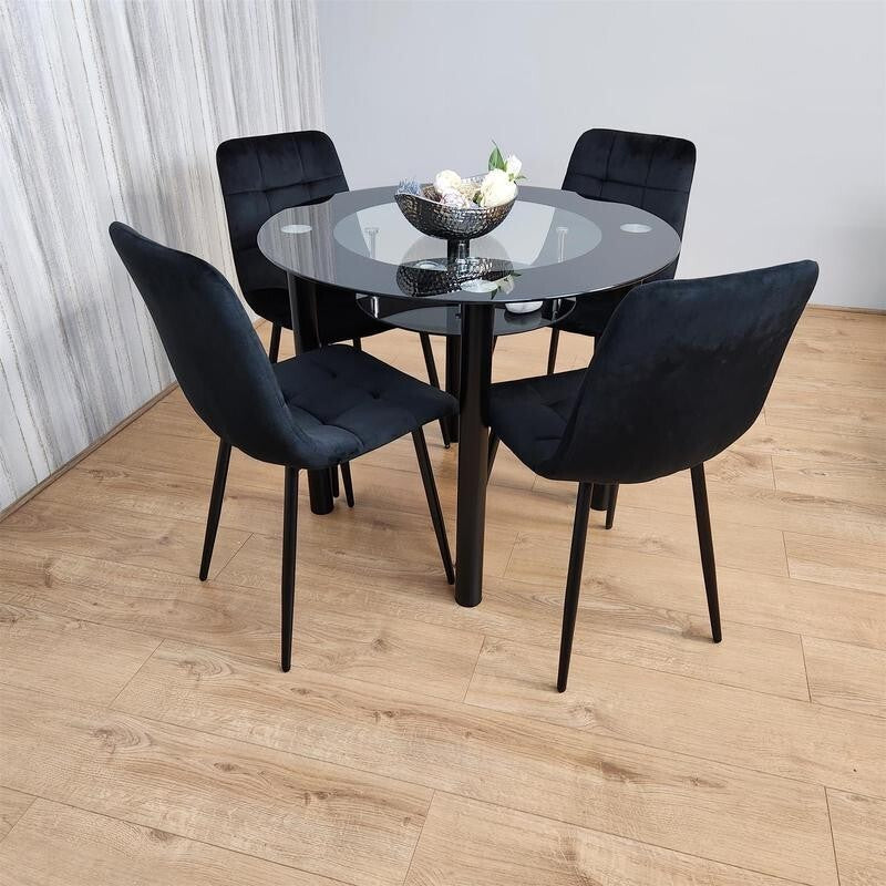 Round Black Glass Dining Table Set with 4 Tufted Chairs Modern Kitchen