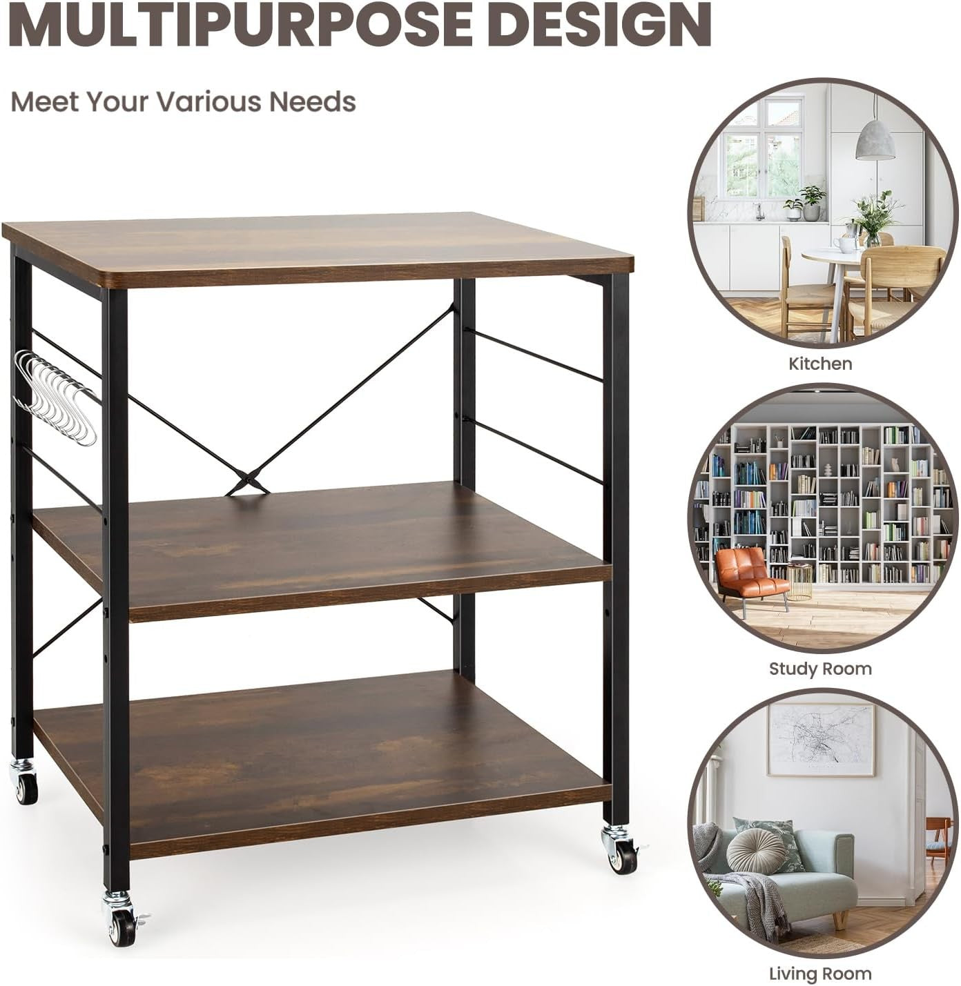 Kitchen Bakers Rack Rolling Cart Microwave Stand 3 Tier Shelves