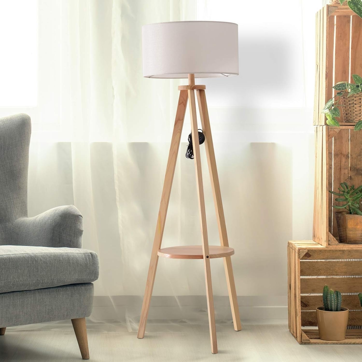 Tripod Floor Lamp with Linen Shade & Storage Shelf – Warm Reading Light