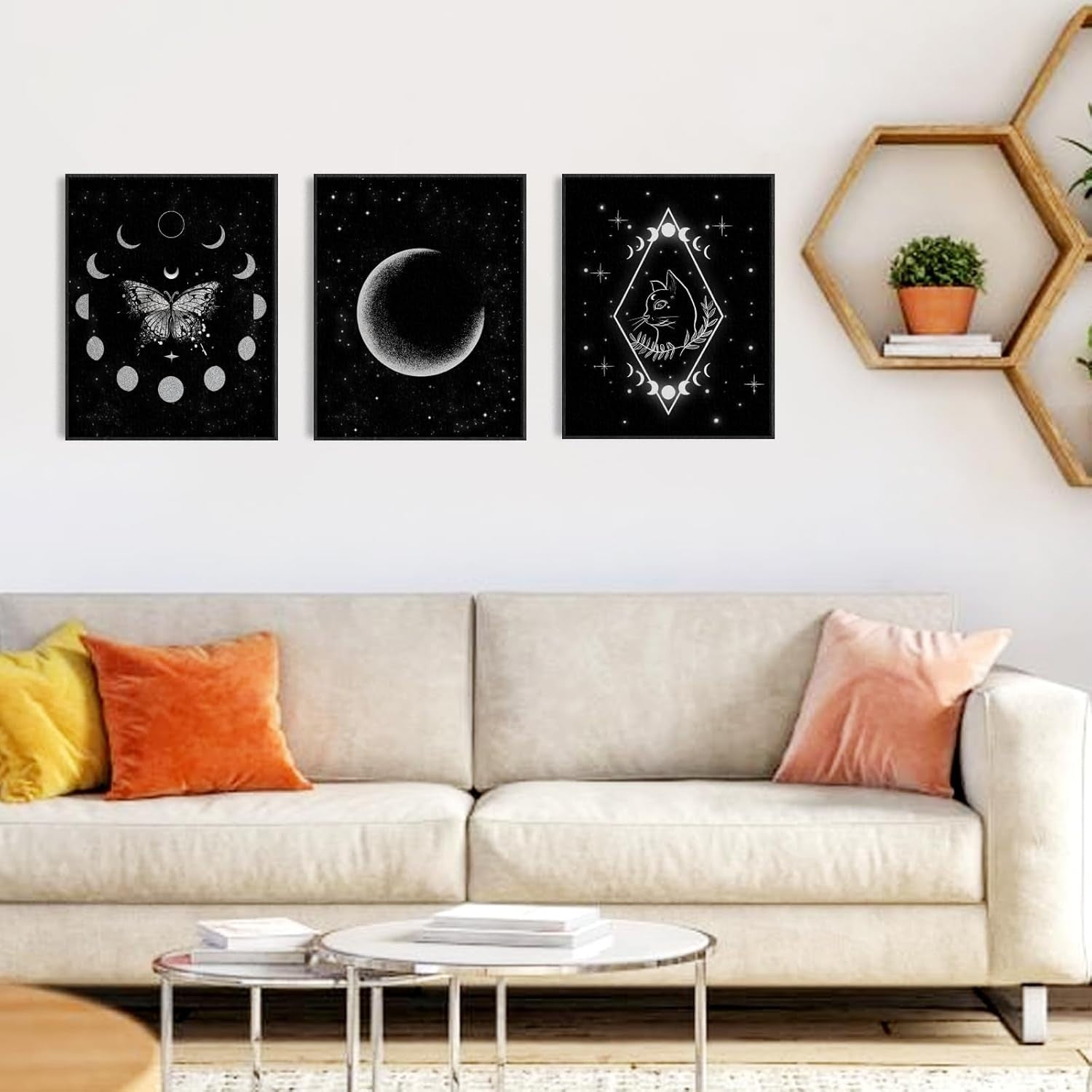 6pcs Moon Phase Wall Art Prints Witch Cat Celestial Decor 8x10in