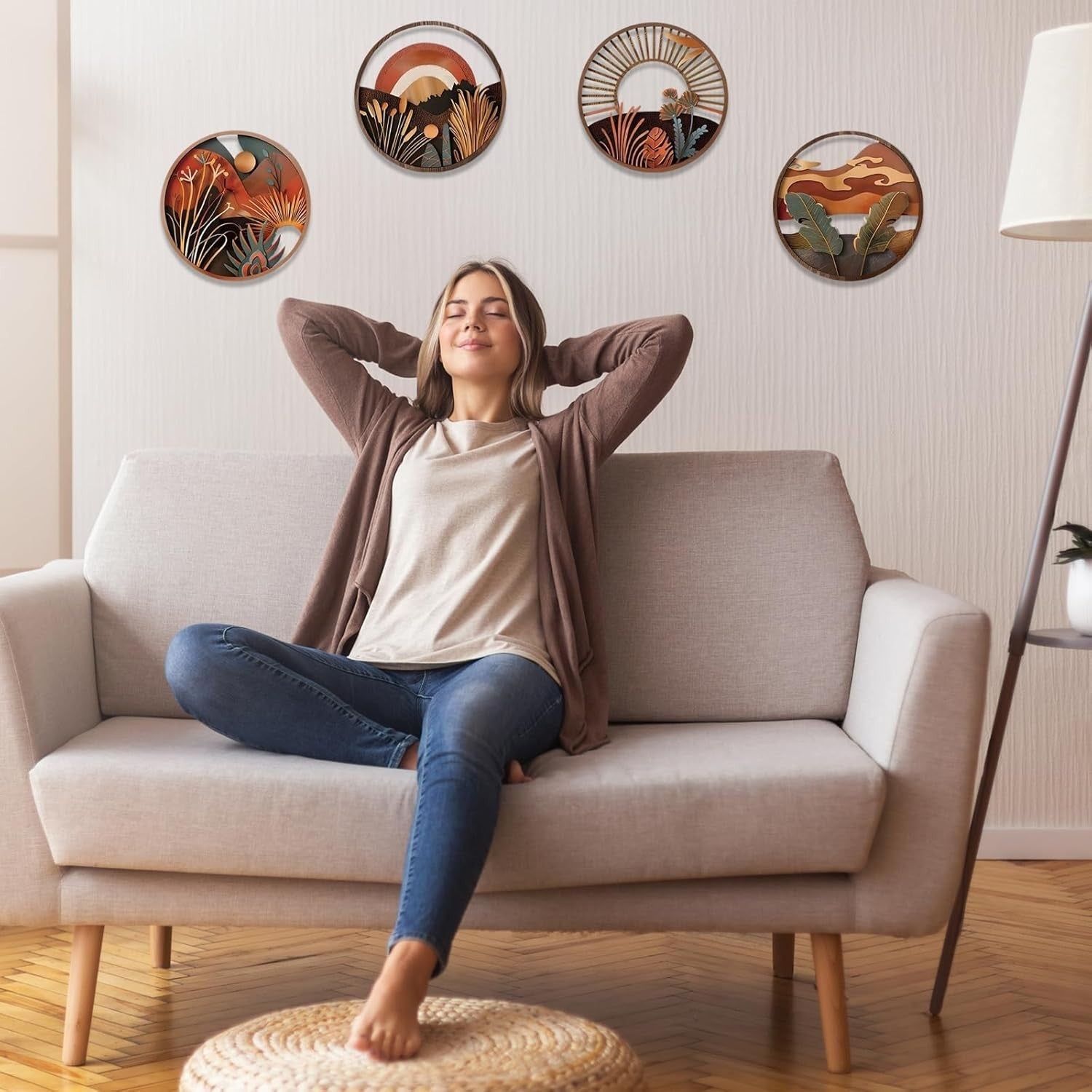 4pcs Boho Round Wooden Wall Art Hanging Decor Set