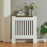 Small White Radiator Cover 78cm Wood Top Modern Slatted Heating Cabinet