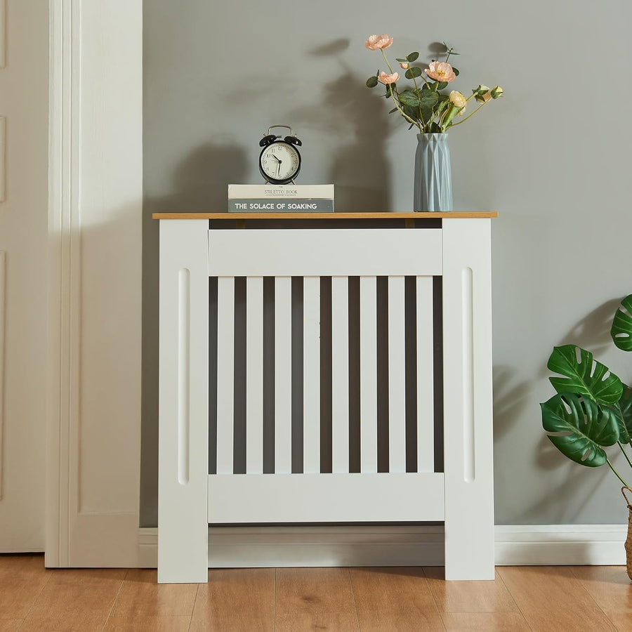 Small White Radiator Cover 78cm Wood Top Modern Slatted Heating Cabinet