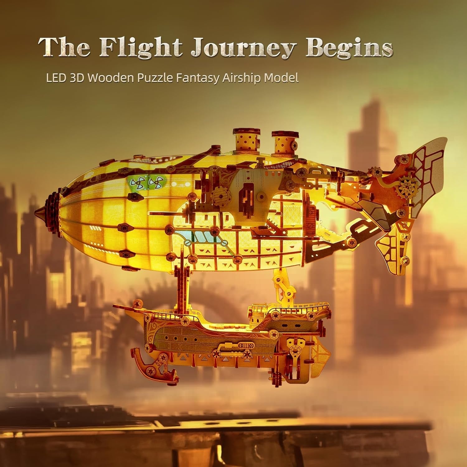 Steampunk 3D Wooden Airship Puzzle with LED Lights DIY Craft for Adults