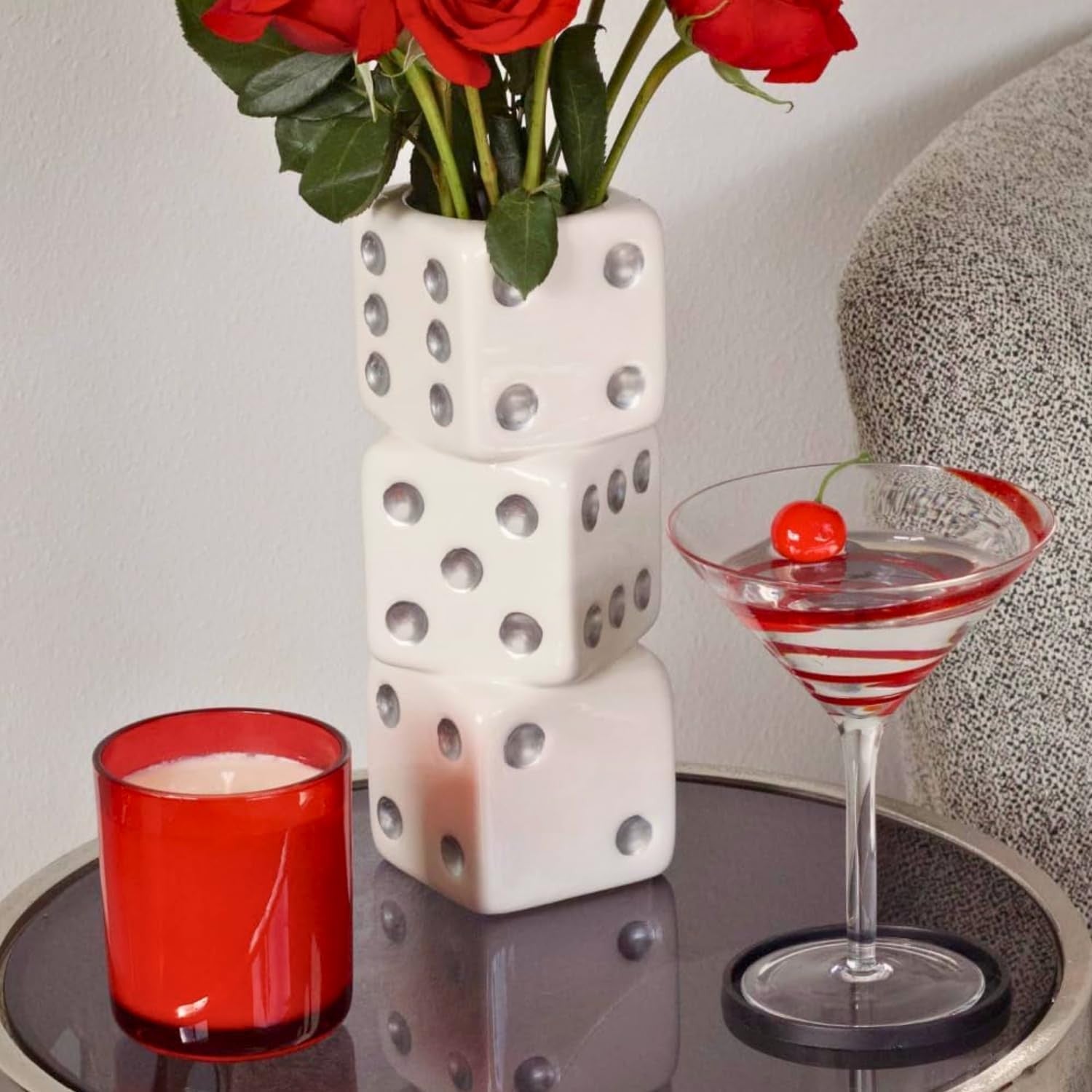 Dice Vase Ceramic Triple Stack White Silver Dot Modern Table Flower Decor