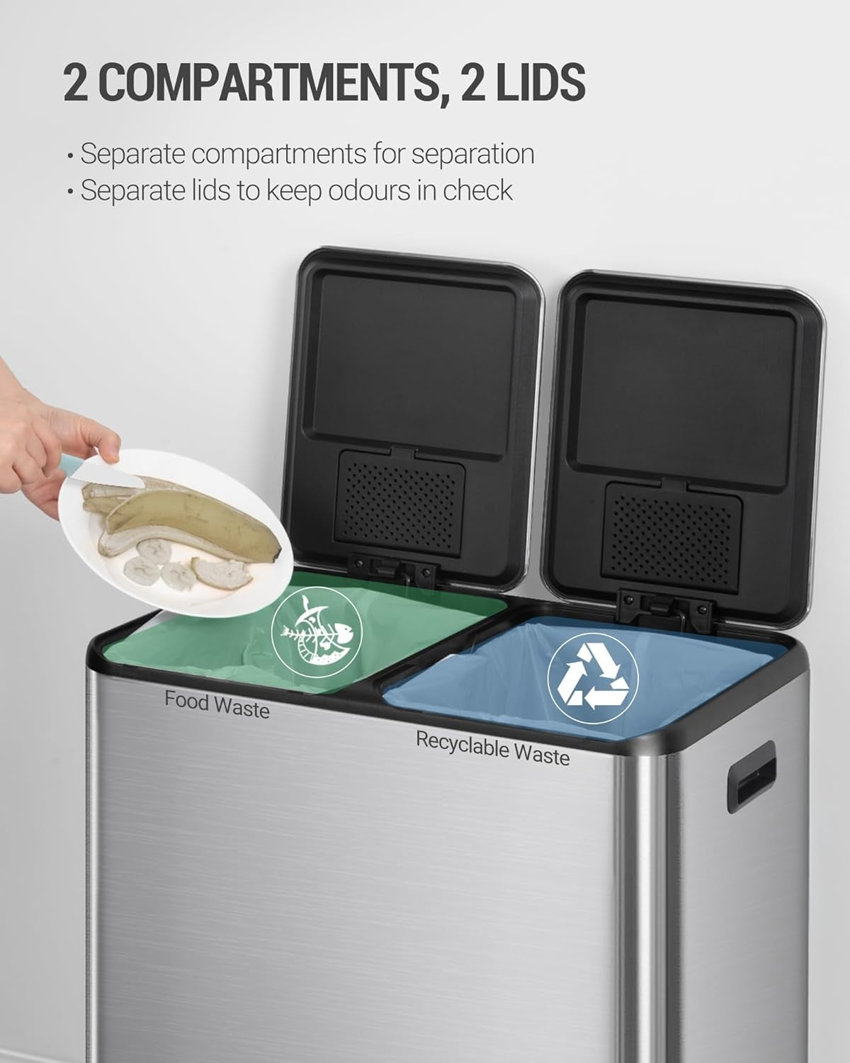 60L Double Kitchen Recycling Bin | 2 x 30L Stainless Steel Pedal Bin