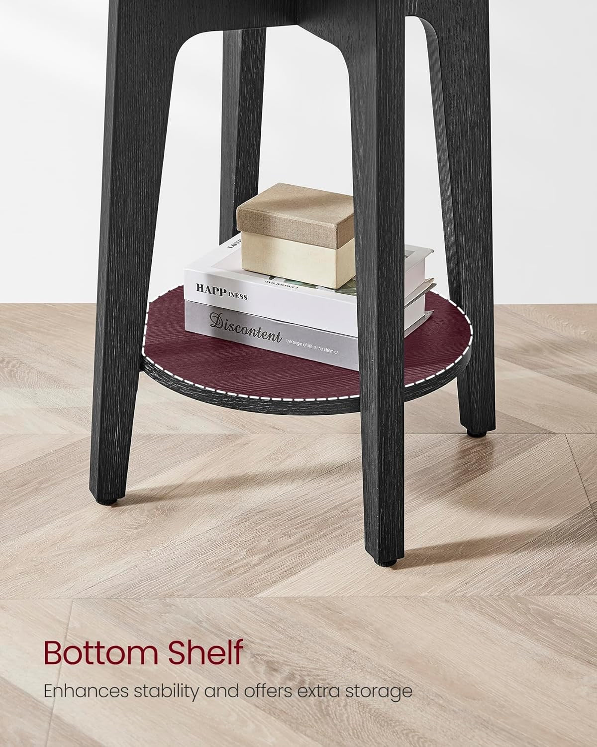 Round Black Side Table with Shelf, Small 2-Tier End Table for Living Room