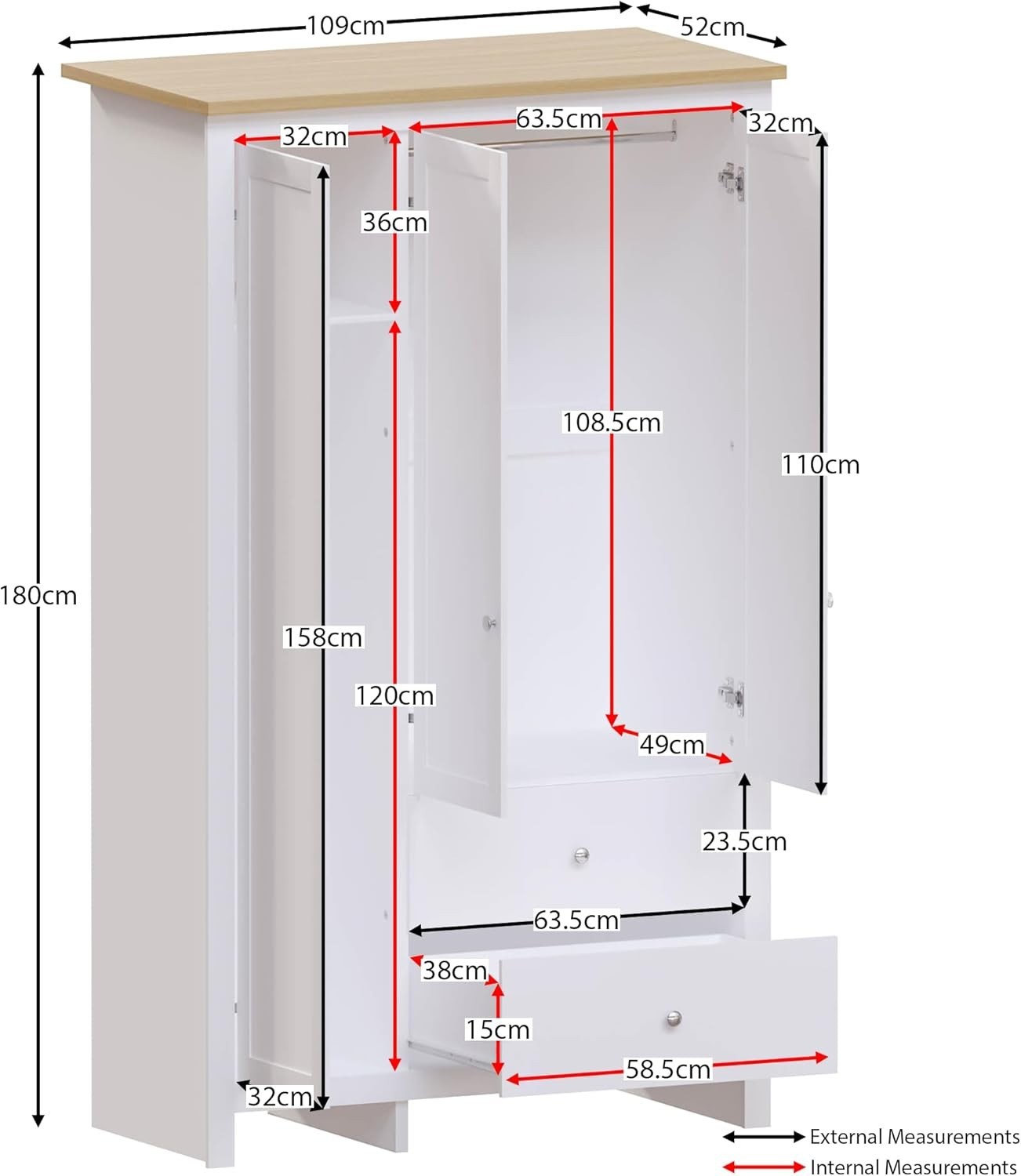 3 Door Wardrobe with Drawers & Clothes Rail - White Storage Cabinet 180cm