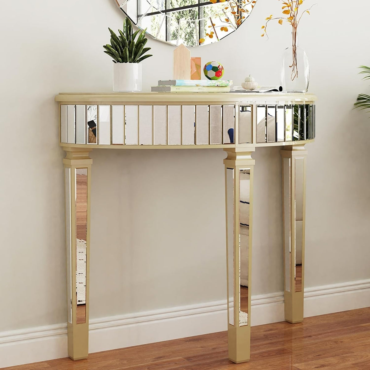 Elegant Mirrored Half Moon Console Table 90x35x80.5cm - Chic Hallway Decor