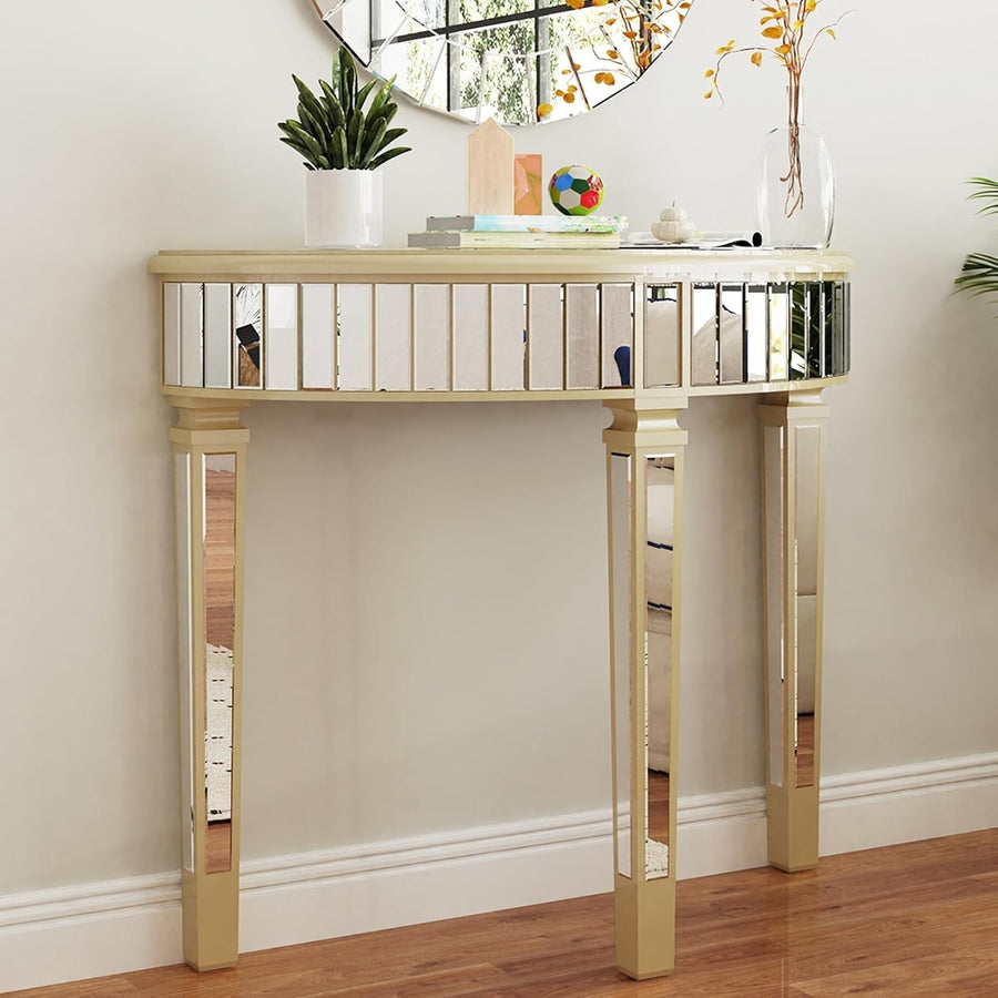 Elegant Mirrored Half Moon Console Table 90x35x80.5cm - Chic Hallway Decor