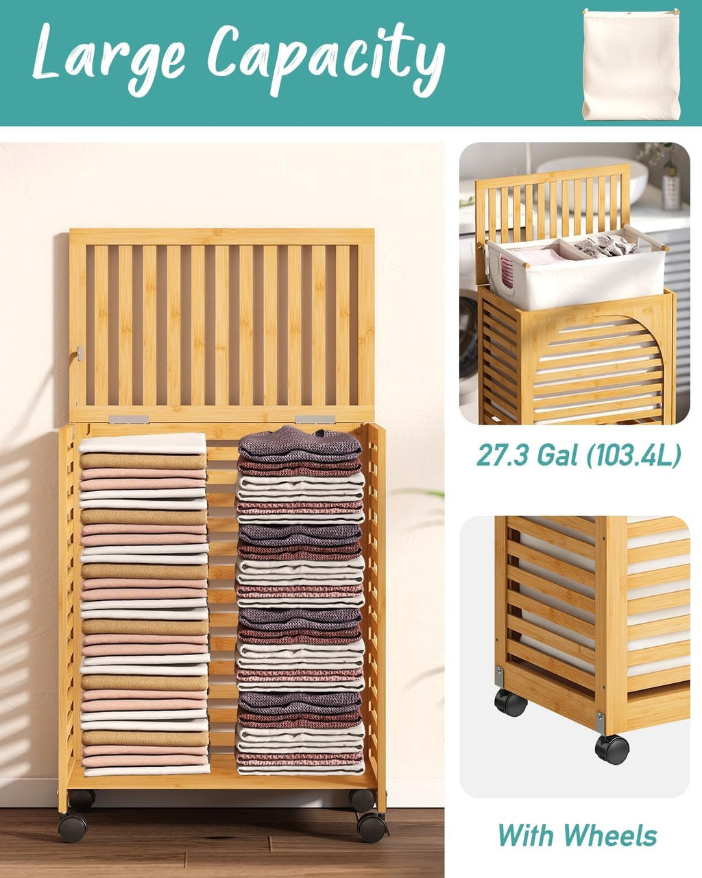 103L Bamboo Laundry Hamper on Wheels Large 2 Section Basket with Lid & Liner