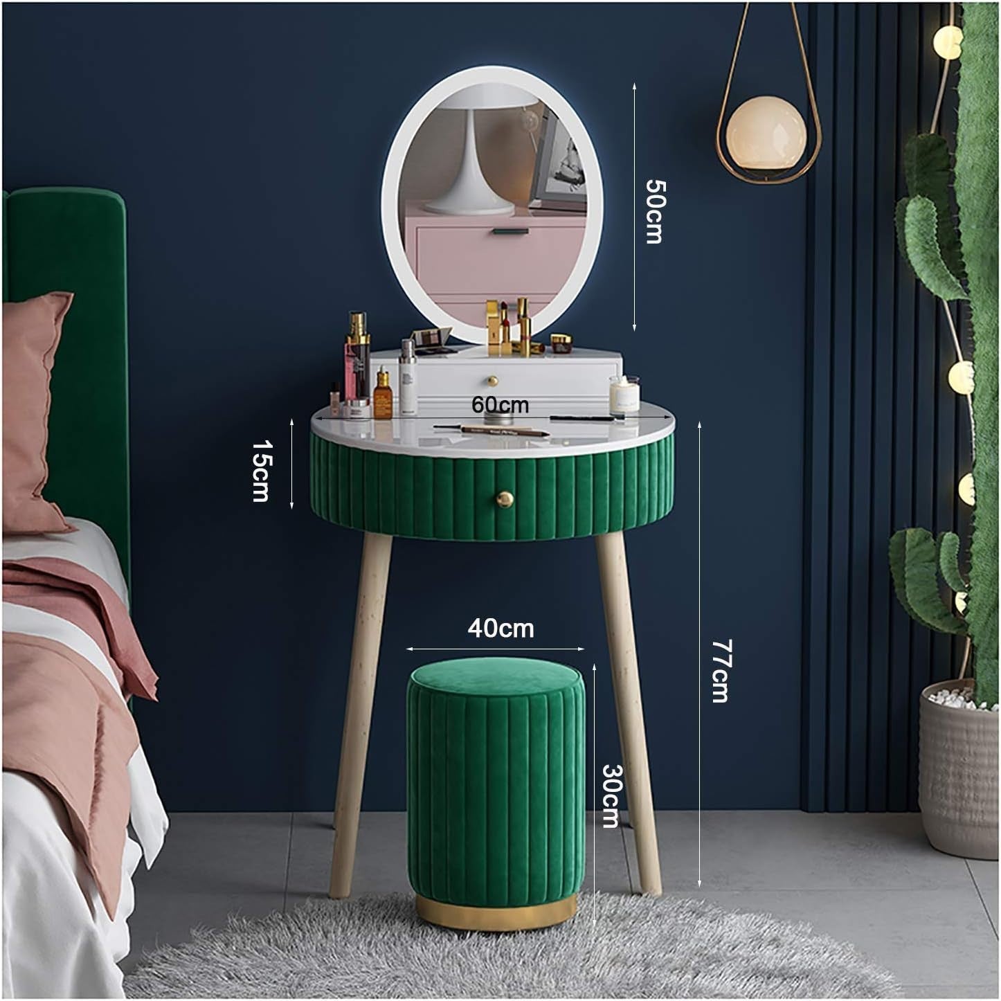Grey Velvet Dressing Table Set Marble Top Vanity Mirror & Stool Storage Drawers