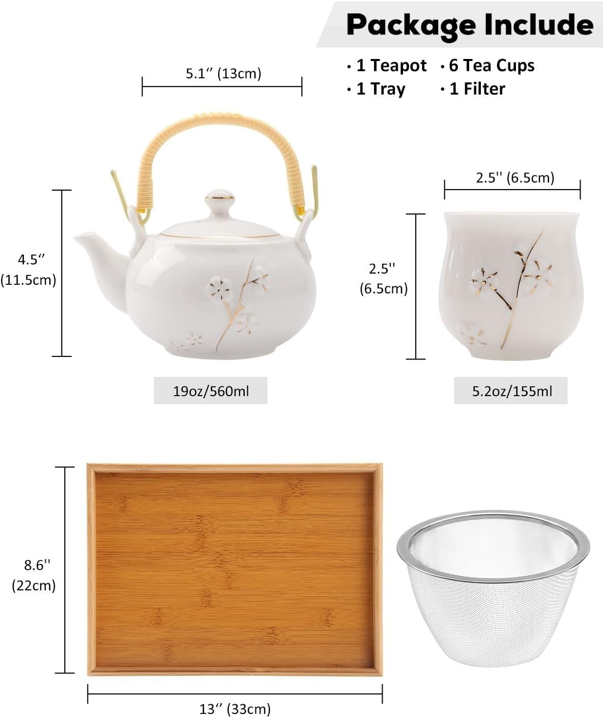 Japanese Porcelain Tea Set Teapot 6 Cups Tray Infuser White Gold