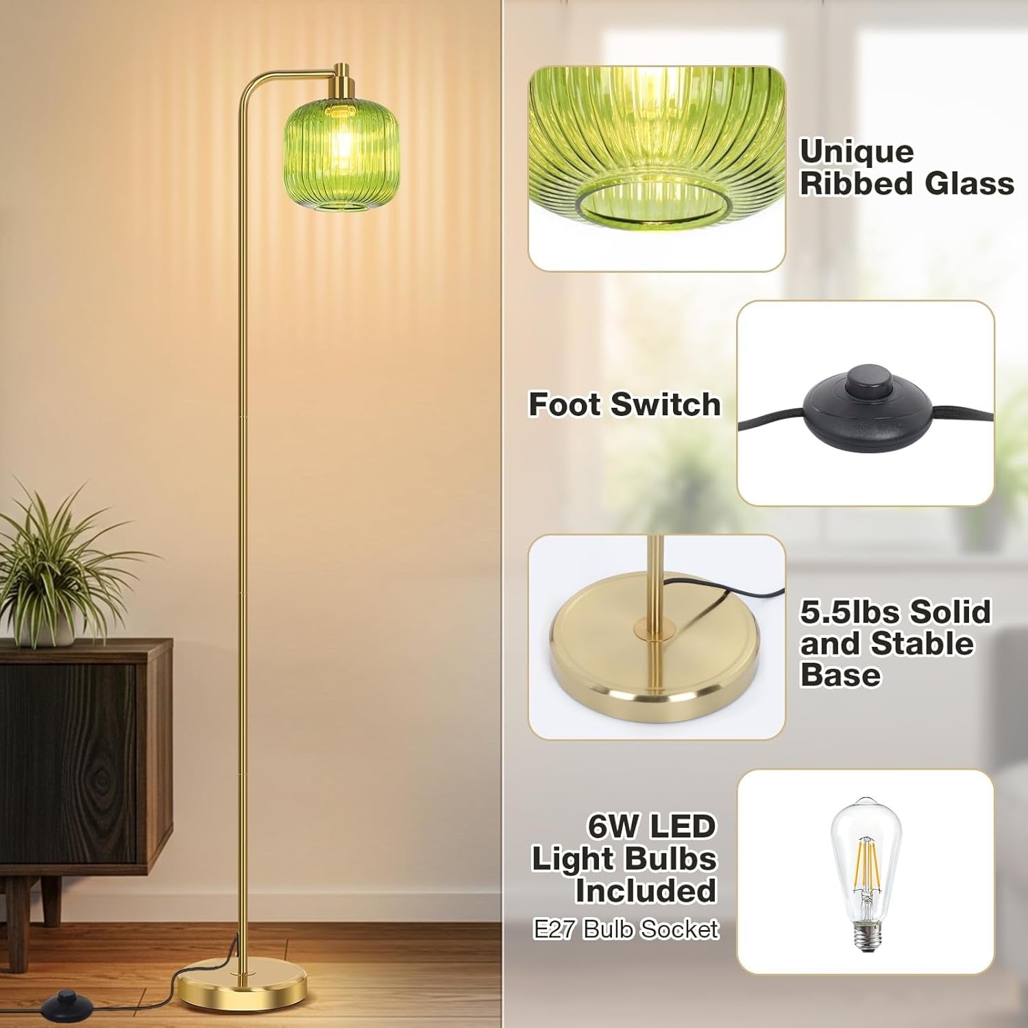 Modern Floor Lamp Tall Standing Light Glass Shade Pedal Switch Living Room