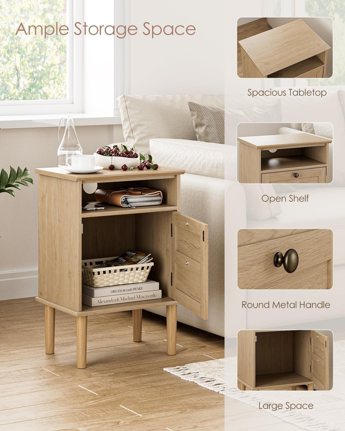 Wooden Bedside Table with Door & Open Shelf | Natural Oak Finish Nightstand