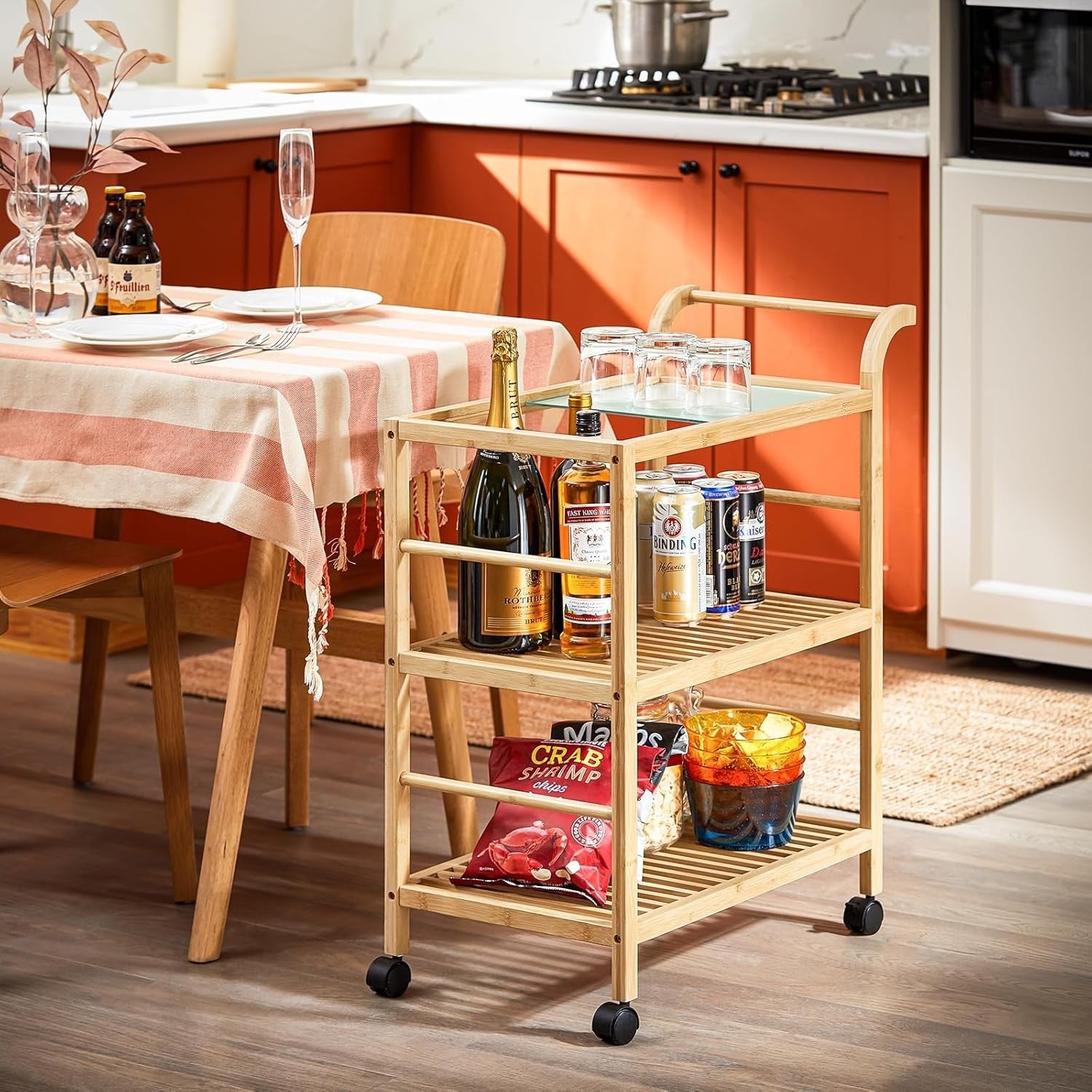 3 Tier Kitchen Trolley Cart Bamboo Storage Shelves Glass Top Wheels