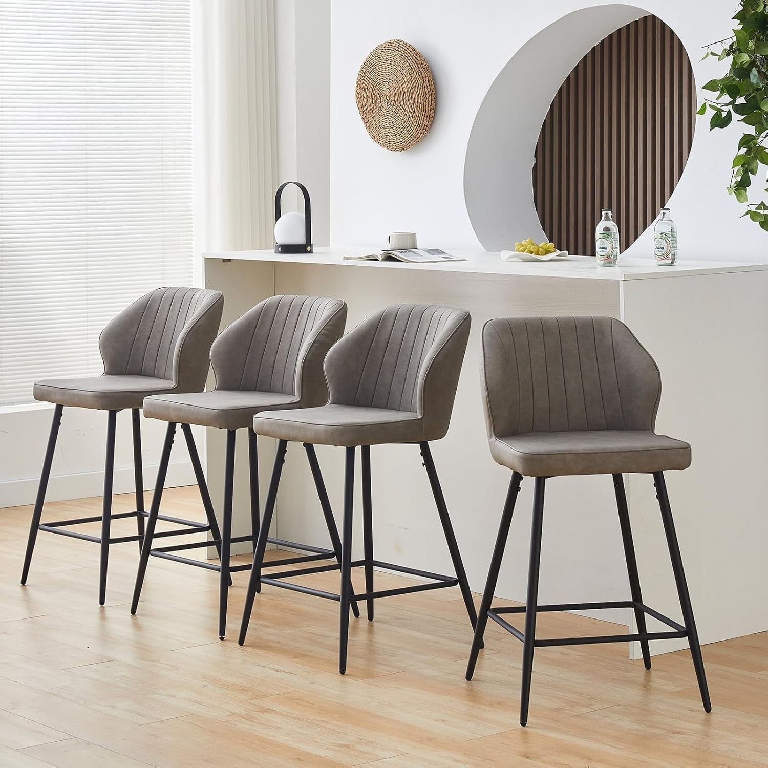 Light Grey Faux Leather Bar Stool with Back, Arms & Footrest | Modern Kitchen