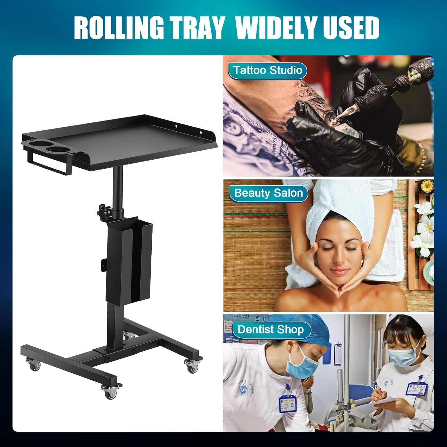 Adjustable Tattoo Tray Cart on Wheels Rolling Salon Workstation Storage