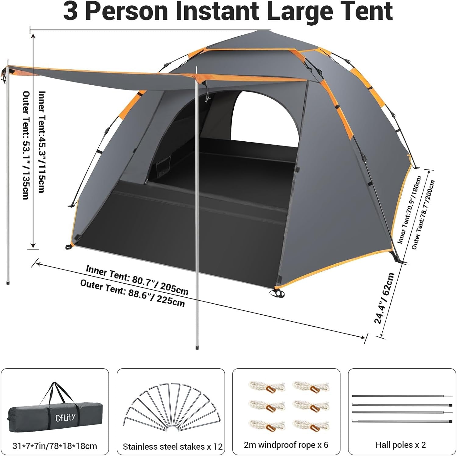3 Man Pop Up Camping Tent 4 Season Waterproof Dome