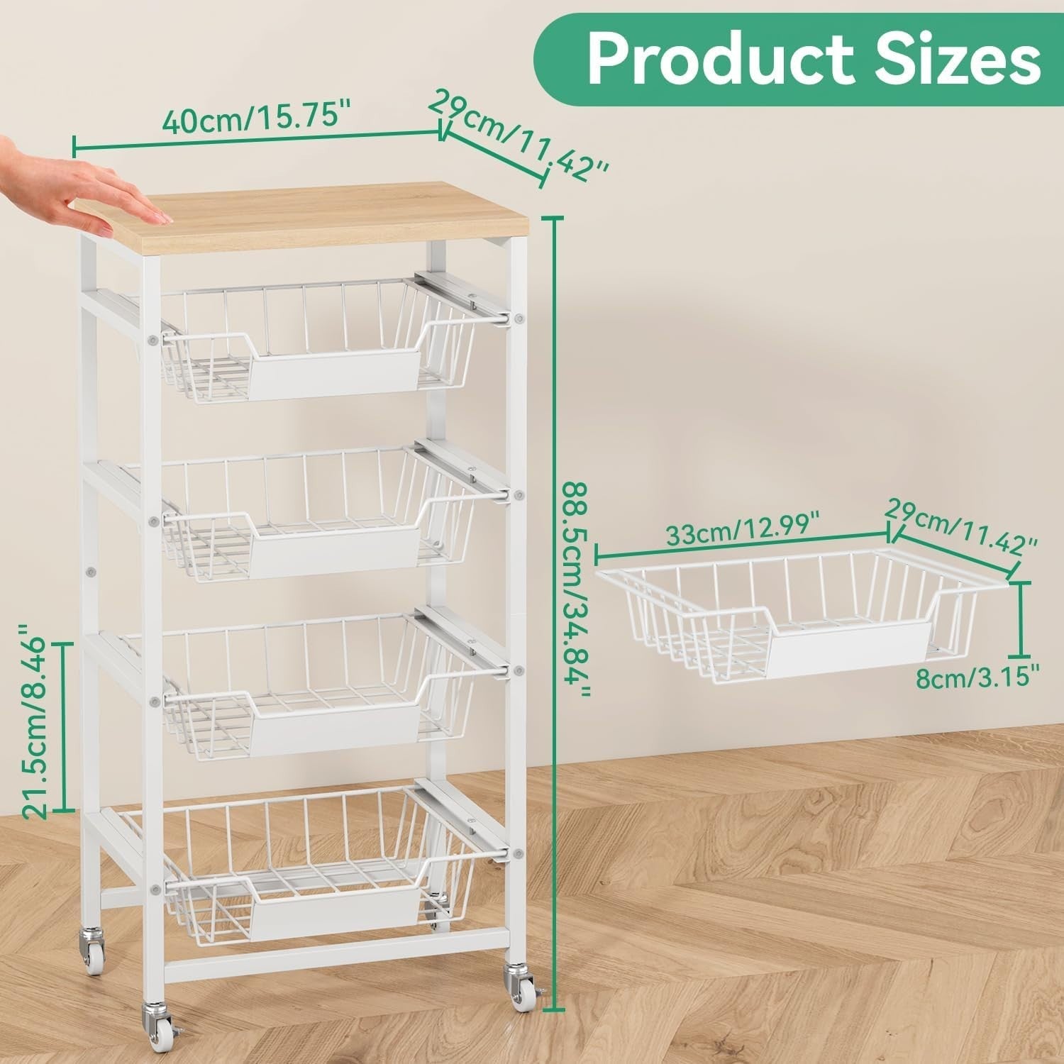 5 Tier Rolling Kitchen Storage Cart Fruit Basket Utility Trolley Wood Top
