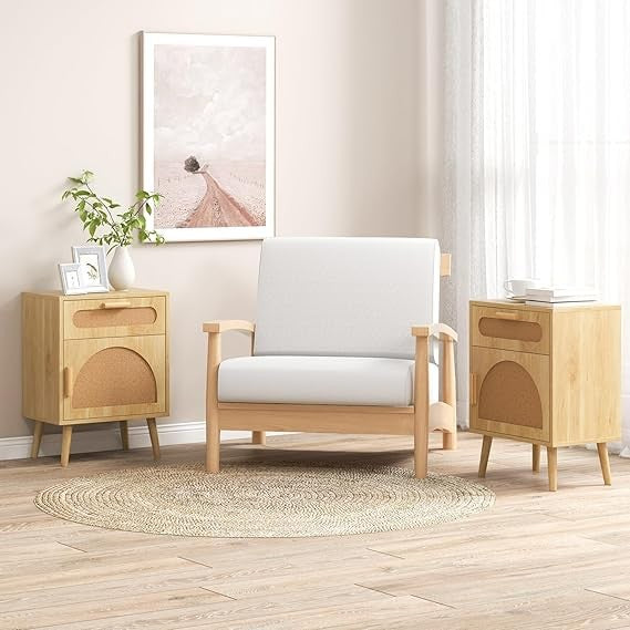 Boho Rattan Bedside Tables Set of 2 – Wooden Nightstands with Drawer & Door