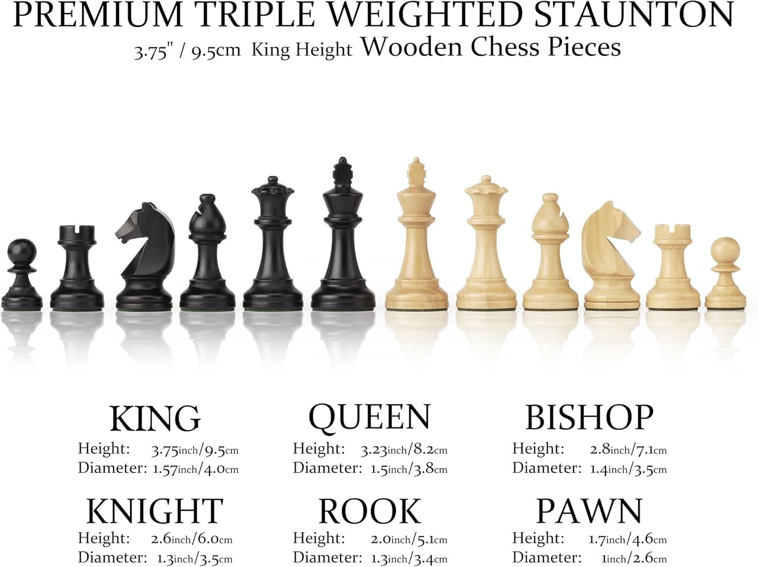 Triple Weighted Wooden Chess Pieces Set 3.75" King w/ Bags & Extra Queens