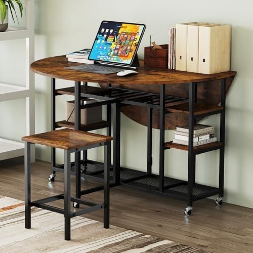 3-Piece Folding Dining Table Set with Stools & Storage Wheels