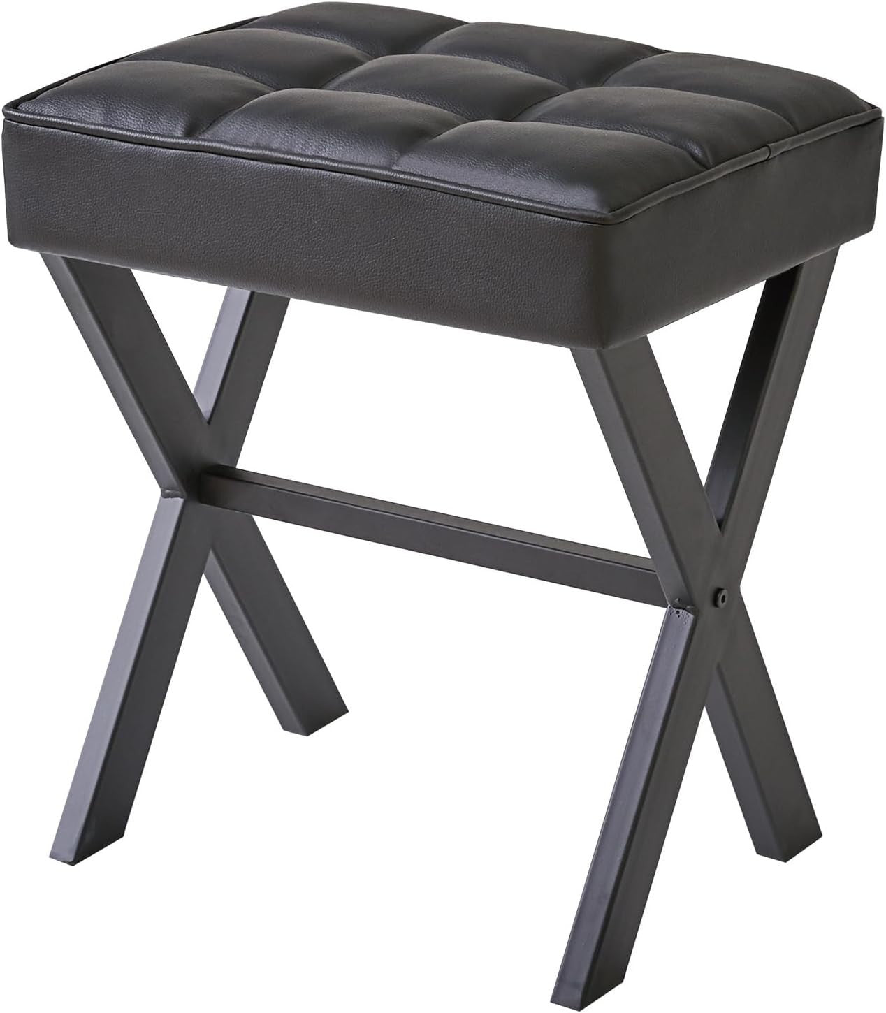 Black PU Square Makeup Stool with X-Leg Base – Vanity Footrest Ottoman