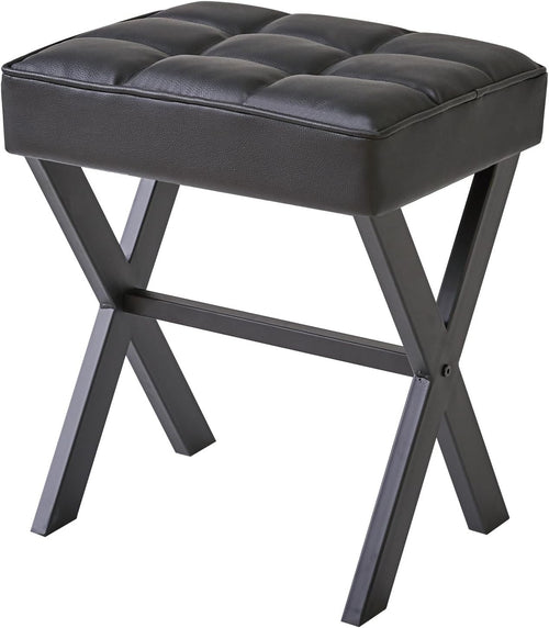 Black PU Square Makeup Stool with X-Leg Base – Vanity Footrest Ottoman