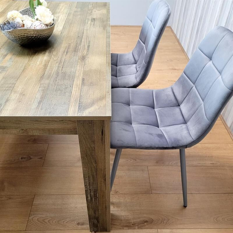 Rustic Dining Table Set with 2 Grey Velvet Chairs & Wooden Bench for 4