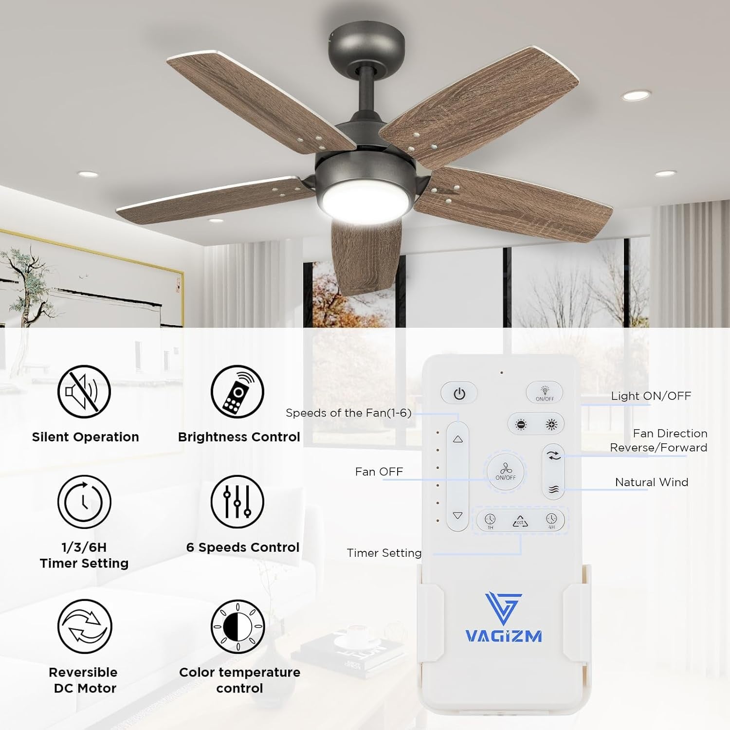 36" Ceiling Fan Light, 6 Speeds, Reversible, Dimmable, Remote, Quiet