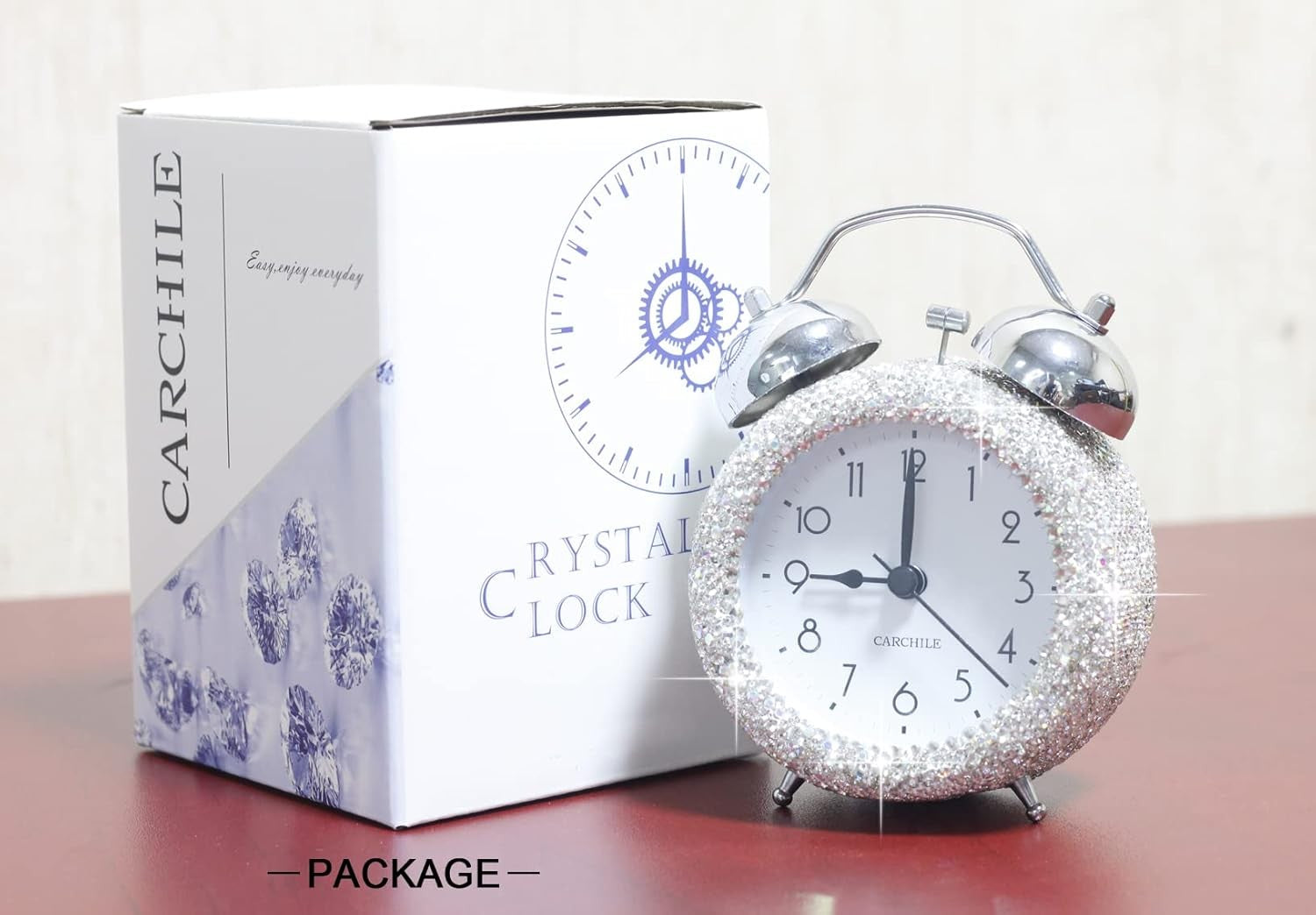Luxury Rhinestone Alarm Clock Silent Non Ticking Extra Loud Twin Bell