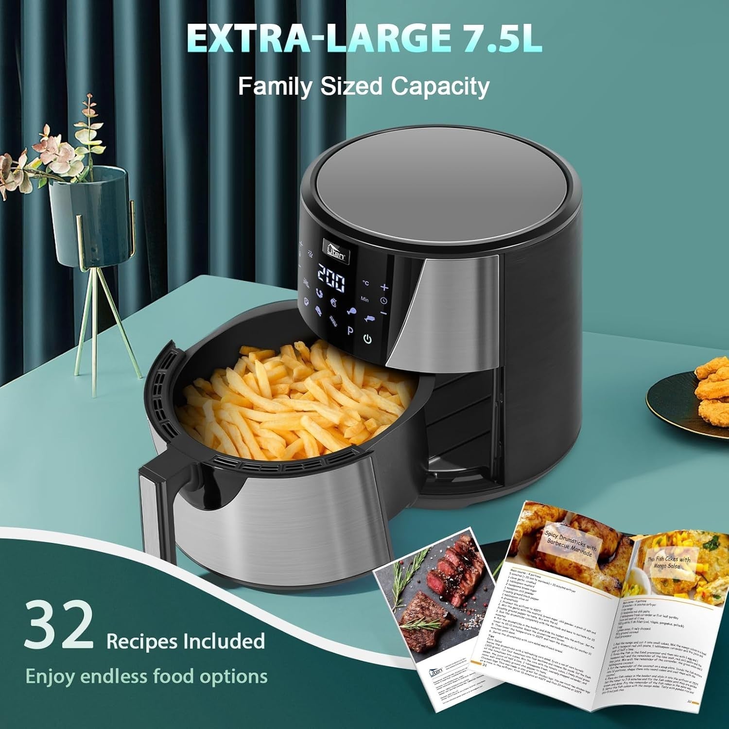 Air Fryer 7.5L 1700W Preheat Digital Touch 8 Presets Oil-Free Healthy Cooking